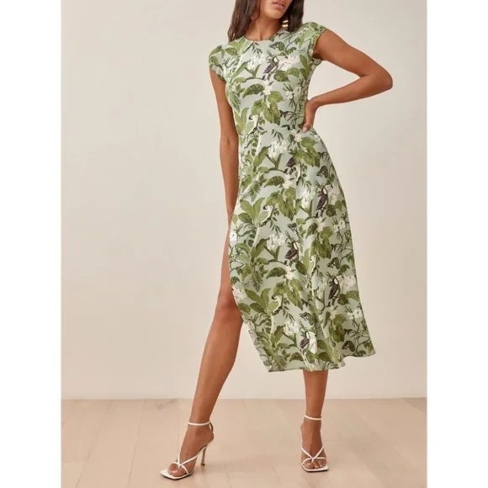 Reformation Gavin Floral Back Cut Out Dress 2 Tropical Green Resort Wedding Chic